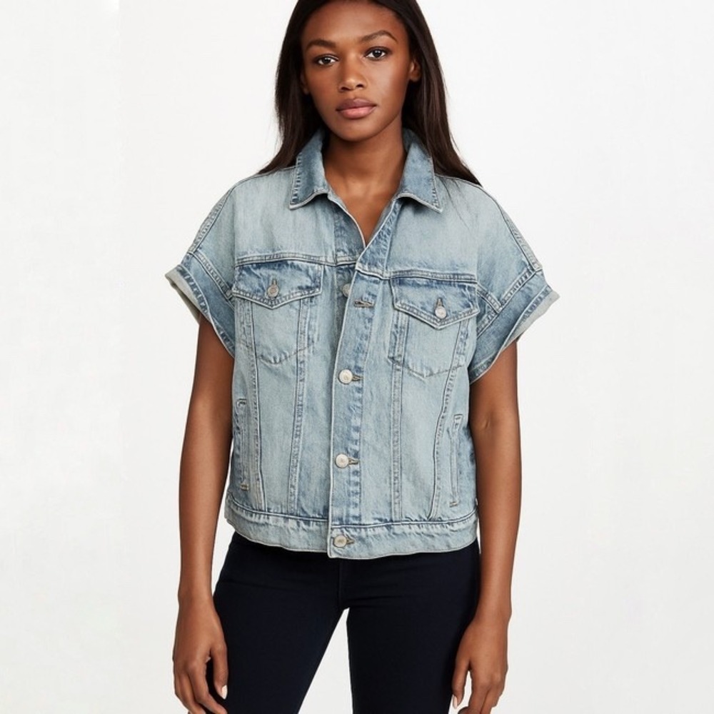 Current Elliott The Rolled Sleeve Trucker Denim Jacket Light Indigo Size 0